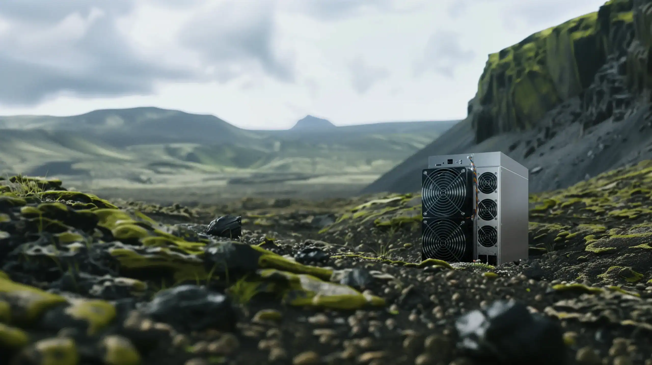Illustration d’un mineur ASIC placé dans un paysage naturel verdoyant et rocheux, symbolisant l’équilibre entre underclocking et overclocking, mettant en avant l’idée d’autotuning pour optimiser les performances tout en respectant l’environnement.