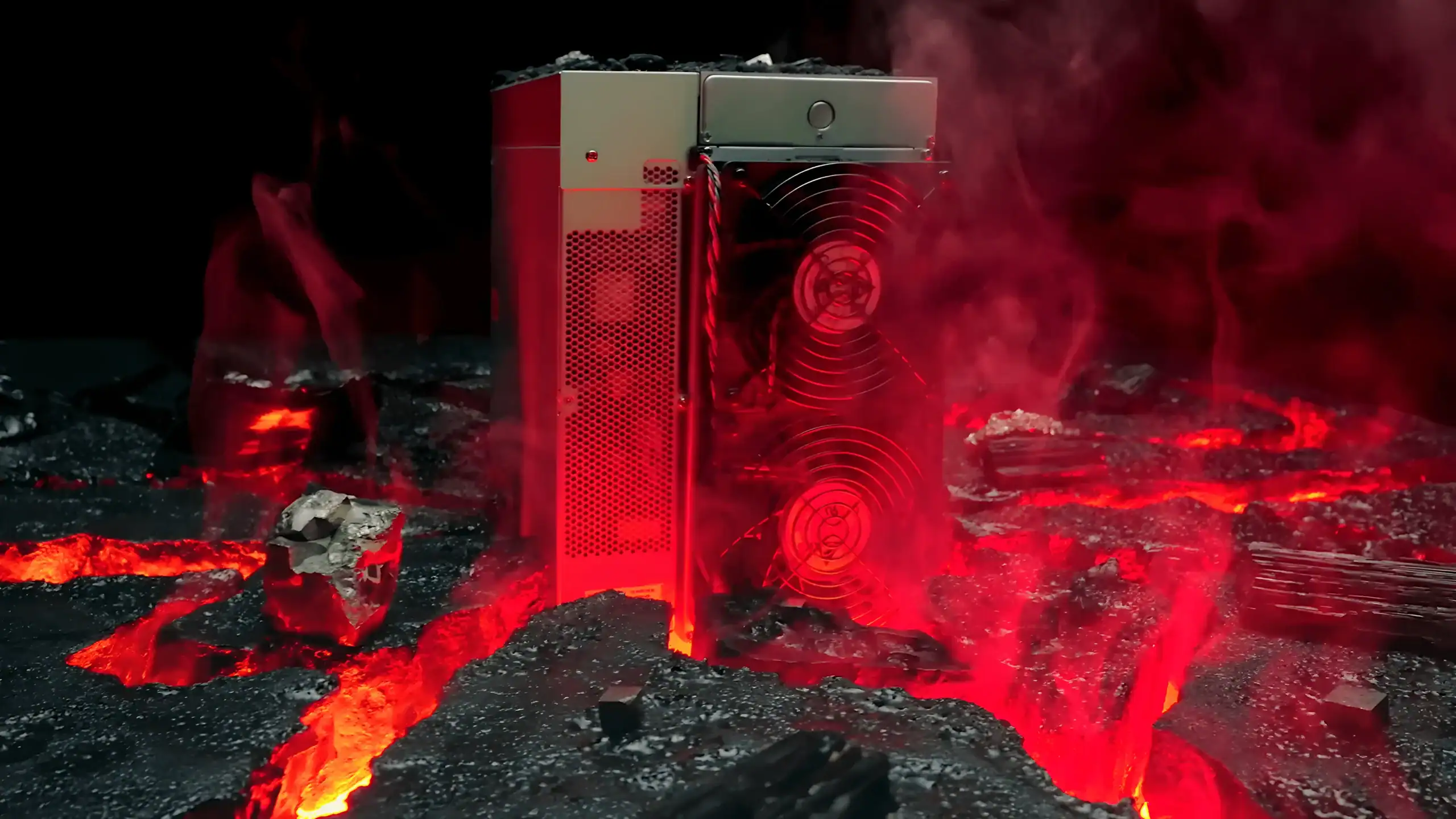 Illustration artistique d’un mineur ASIC en état d’overclocking, entouré de lave incandescente et de fumée rougeoyante, symbolisant une chaleur extrême et une consommation énergétique élevée due ÃƒÂ  l’augmentation des performances.