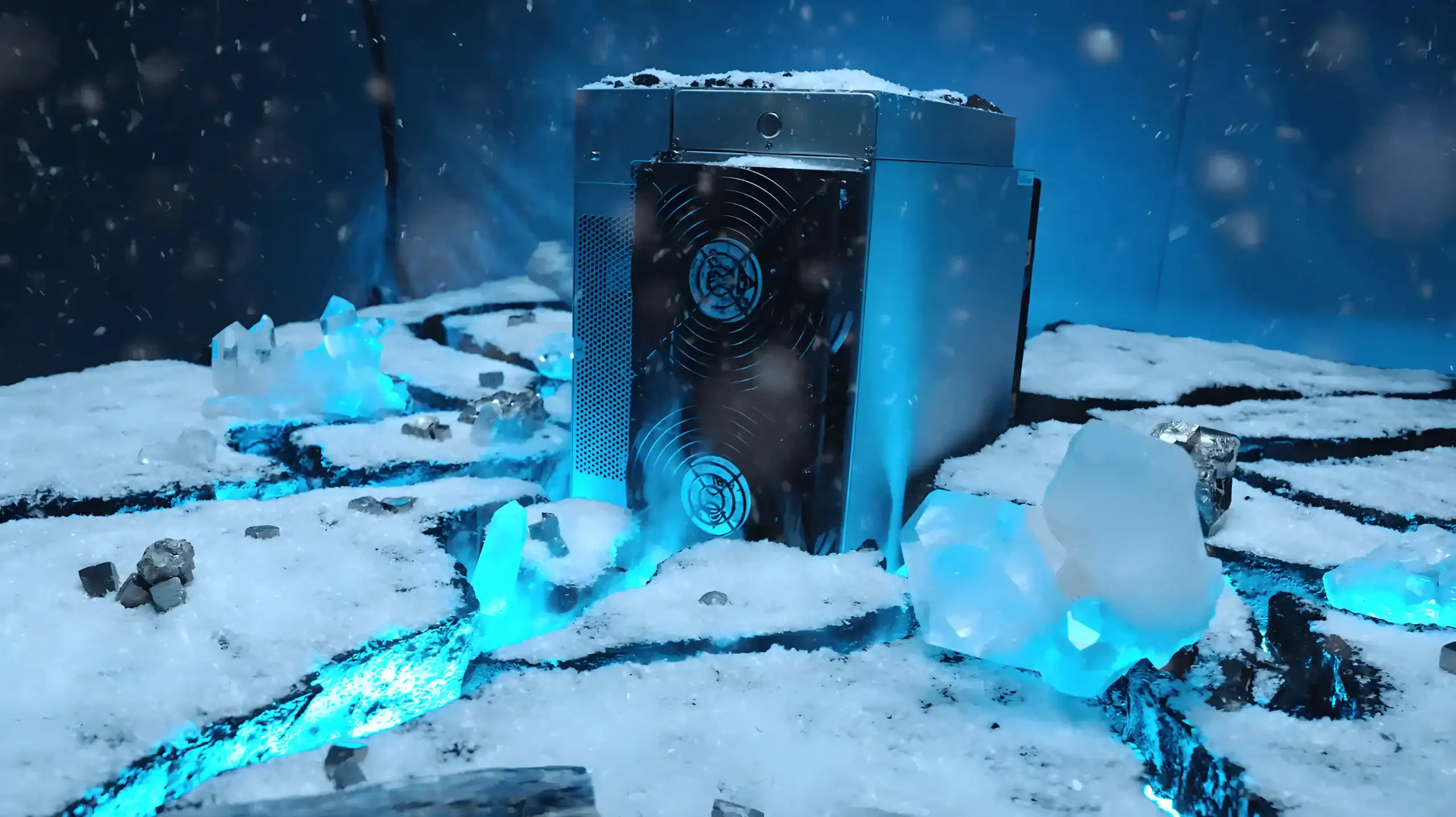 Illustration artistique d’un mineur ASIC en état d’underclocking, placé dans un environnement glacé avec neige et cristaux lumineux bleutés, symbolisant une basse consommation énergétique et une meilleure gestion de la température.