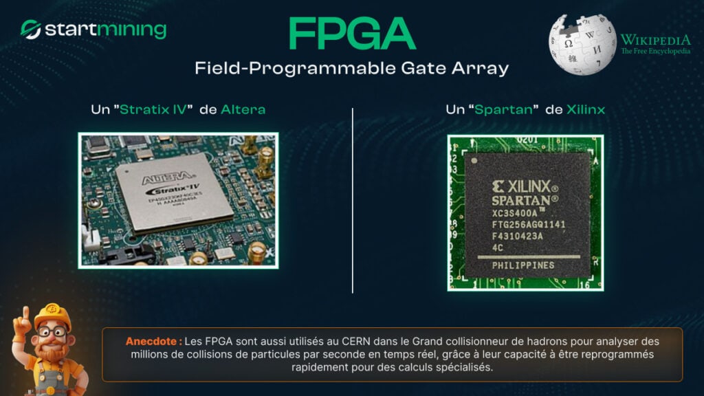 Illustration de deux modèles de FPGA (Field-Programmable Gate Array) utilisés dans le minage de Bitcoin : le Stratix IV d'Altera et le Spartan de Xilinx, mettant en avant leur capacité ÃƒÂ  être reprogrammés pour des calculs spécifiques, avec une anecdote sur leur usage au CERN pour analyser des collisions de particules.