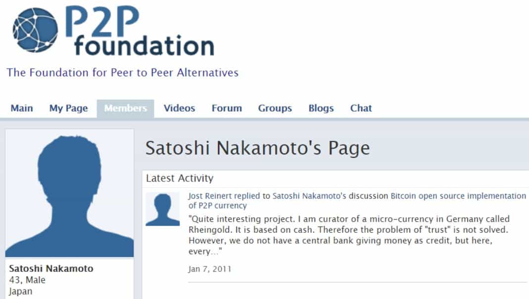 Capture d'écran de la page profil de Satoshi Nakamoto sur le site P2P Foundation, indiquant un âge de 43 ans et une localisation au Japon.