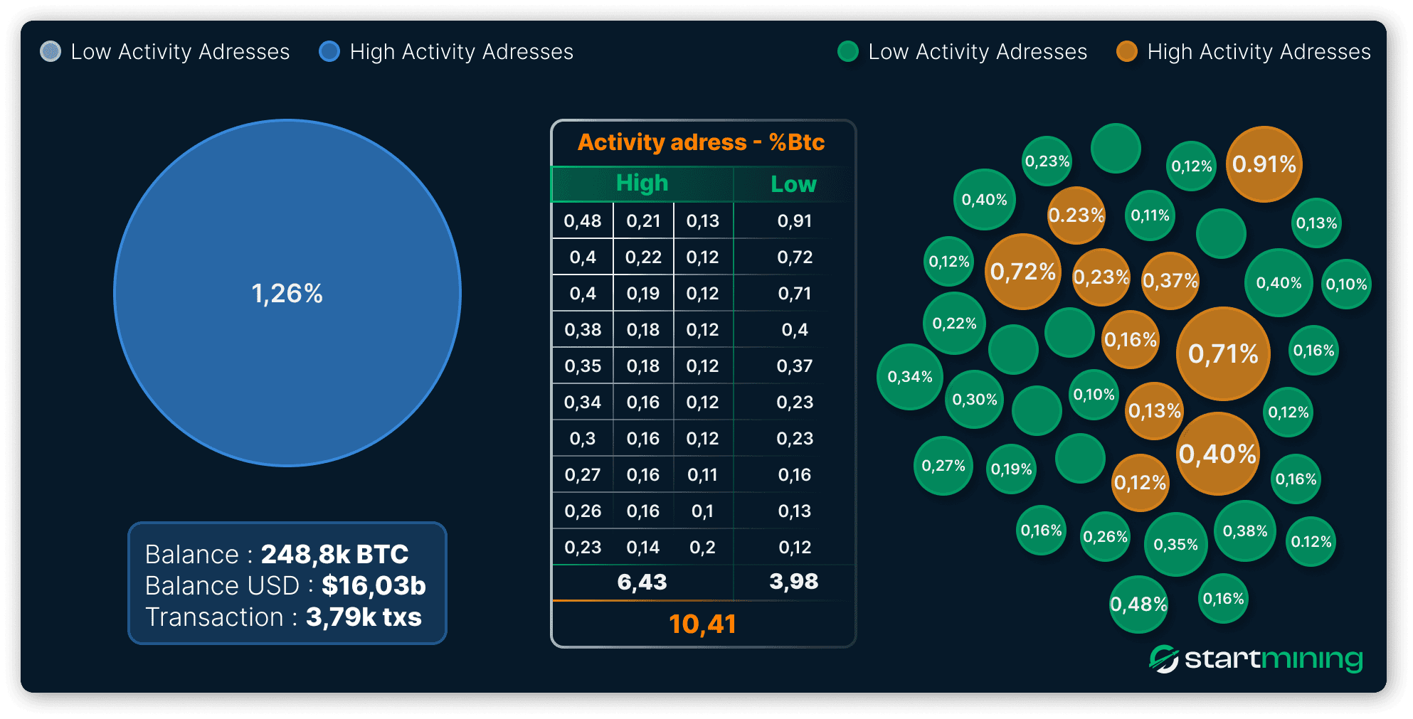Visualisation des adresses Bitcoin selon leur activité : graphique circulaire et tableau montrant la répartition des adresses ÃƒÂ  haute et faible activité, avec des pourcentages de BTC associés. Inclut les données totales de balance (248,8k BTC), valeur en USD (16,03 milliards de dollars) et nombre de transactions (3,79k)