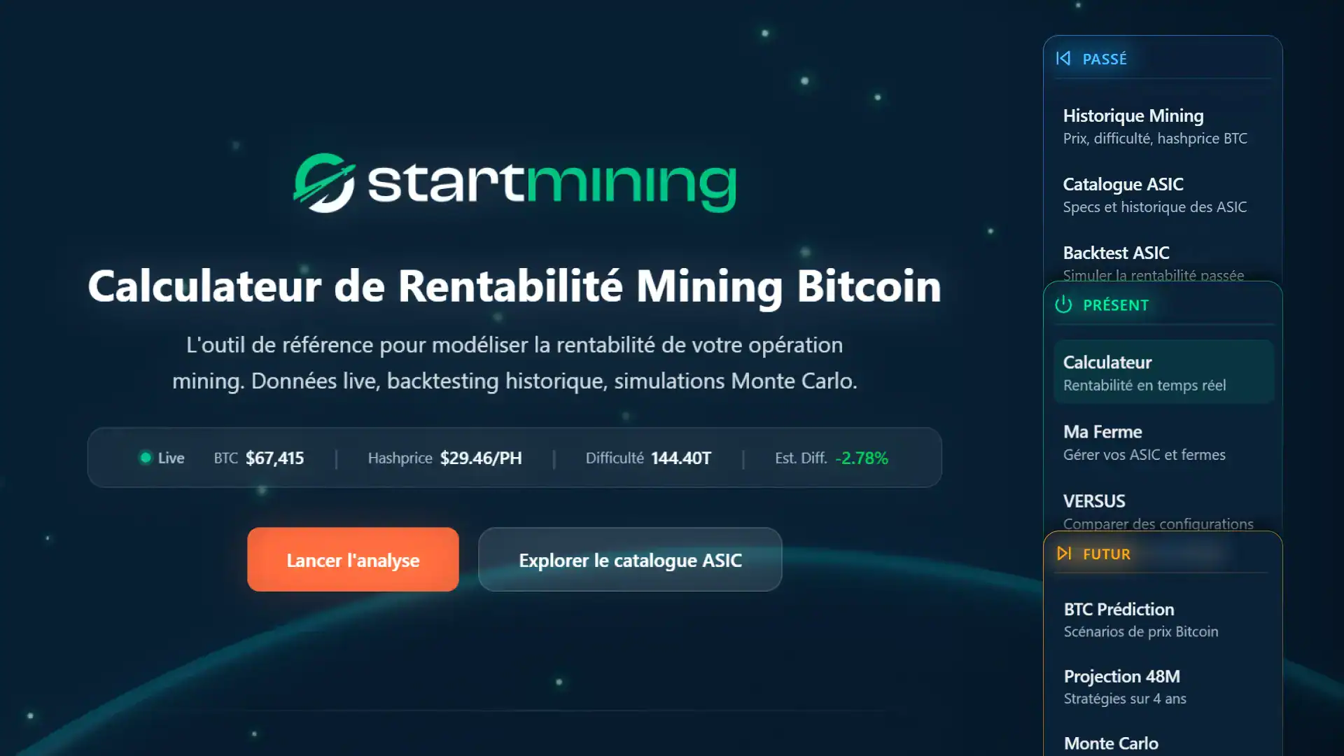 Calculateur de rentabilité mining Bitcoin Startmining affichant BTC live, hashprice, difficulté réseau et simulation ASIC en temps réel