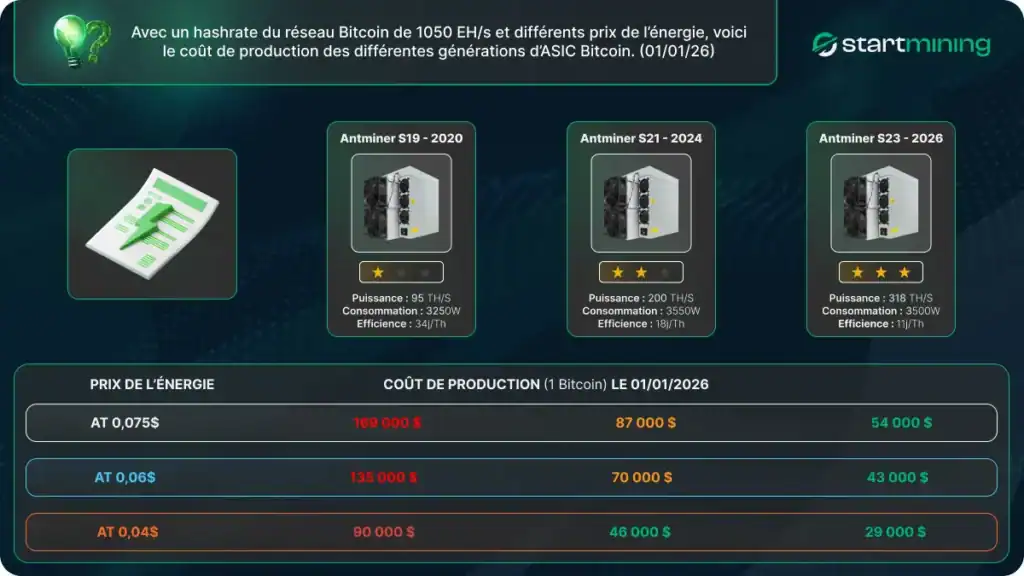 Comparatif du coût de production d’un Bitcoin selon les générations d’ASIC (S19, S21, S23) et le prix de l’énergie, illustrant la non-rentabilité des S19 ÃƒÂ  0,04 $/kWh en 2026