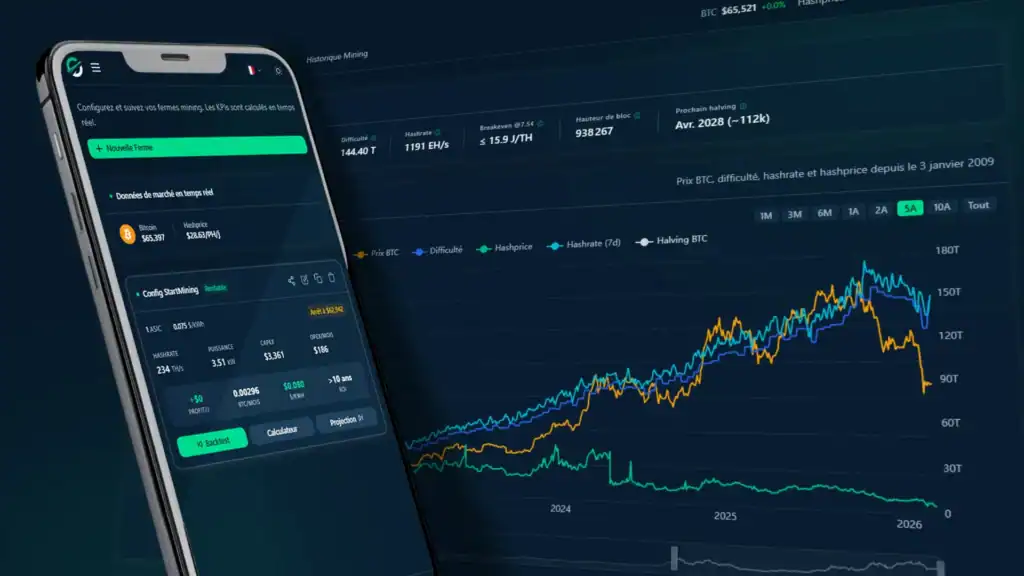 Interface du simulateur de rentabilité mining Bitcoin avec calcul des revenus ASIC et données hashrate hashprice en temps réel