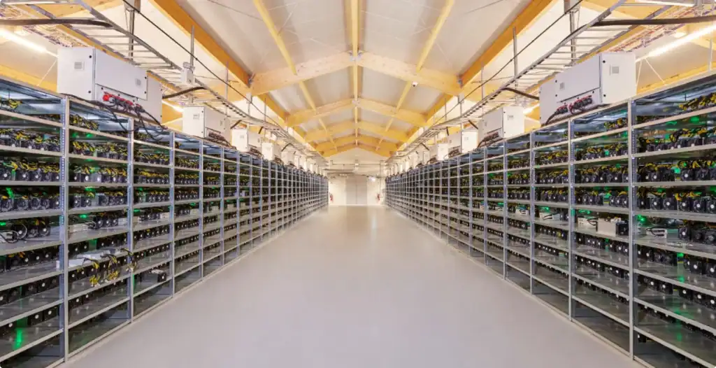 racks de machines asic dans une ferme de minage illustrant le hosting mining et l’économie d’échelle