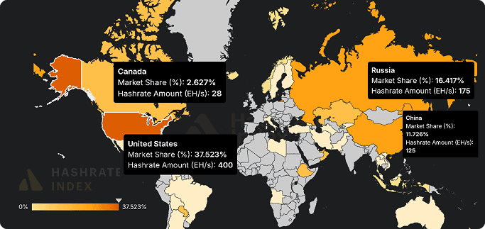 Carte mondiale montrant la répartition du hashrate Bitcoin par pays avec la part des États-Unis, de la Chine, de la Russie et du Canada