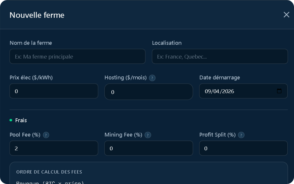 configuration ferme de minage avec paramètres kwh frais hosting et profit split simulateur mining