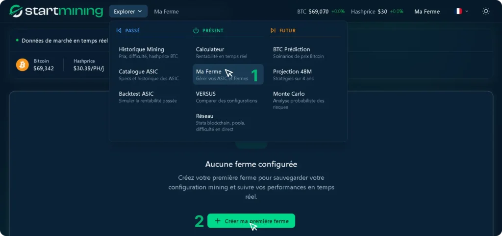 création ferme de minage virtuelle sur simulateur startmining en mode pro avec paramètres hébergement mining