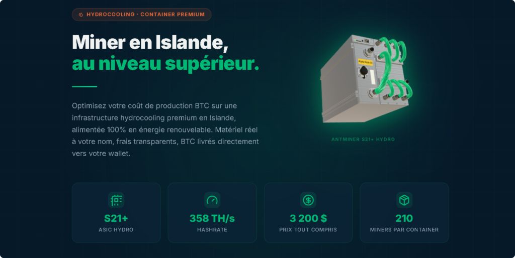 ASIC hosting offer in Iceland with the Antminer S21+ Hydro, 358 TH/s, a launch price of $3,200 and 210 miners per Startmining container.