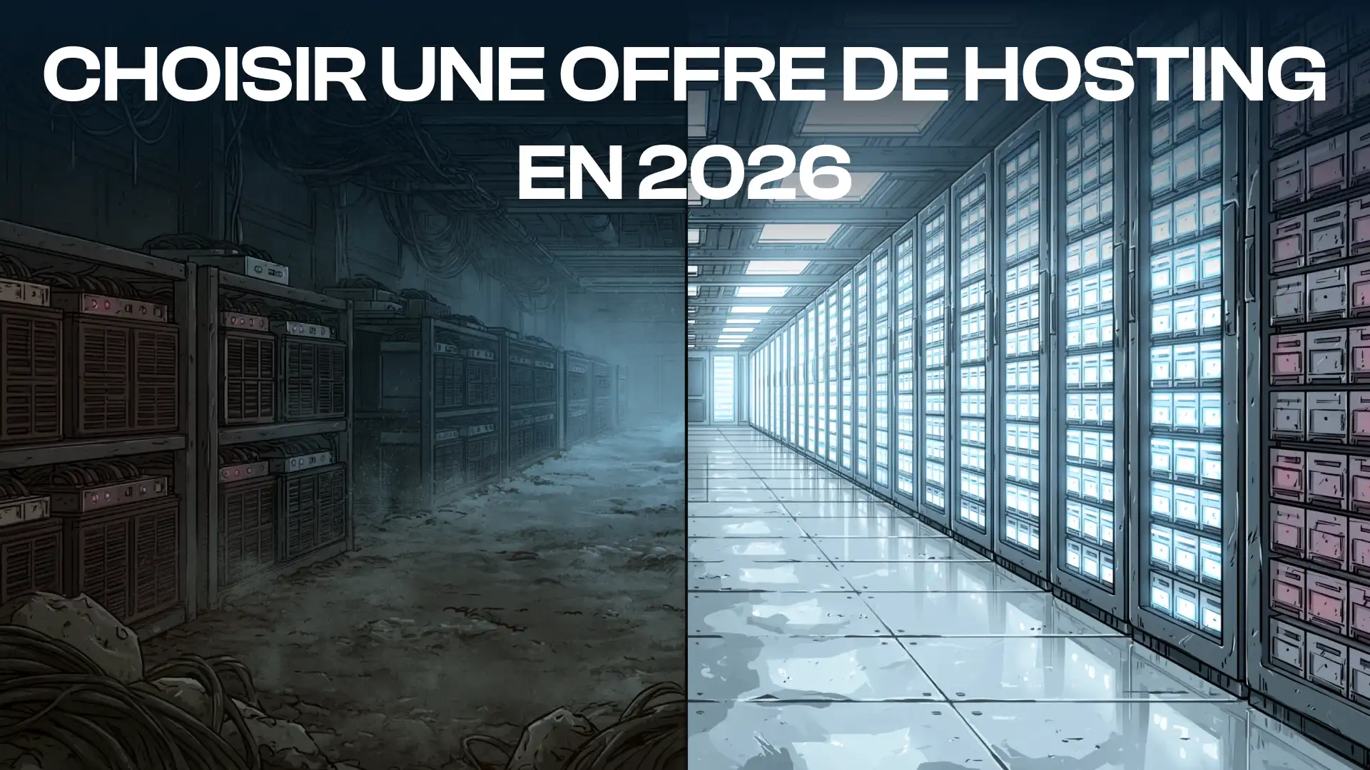 Hébergement de mineurs Bitcoin en 2026 comparant une ancienne ferme de minage et une infrastructure moderne de hosting ASIC.