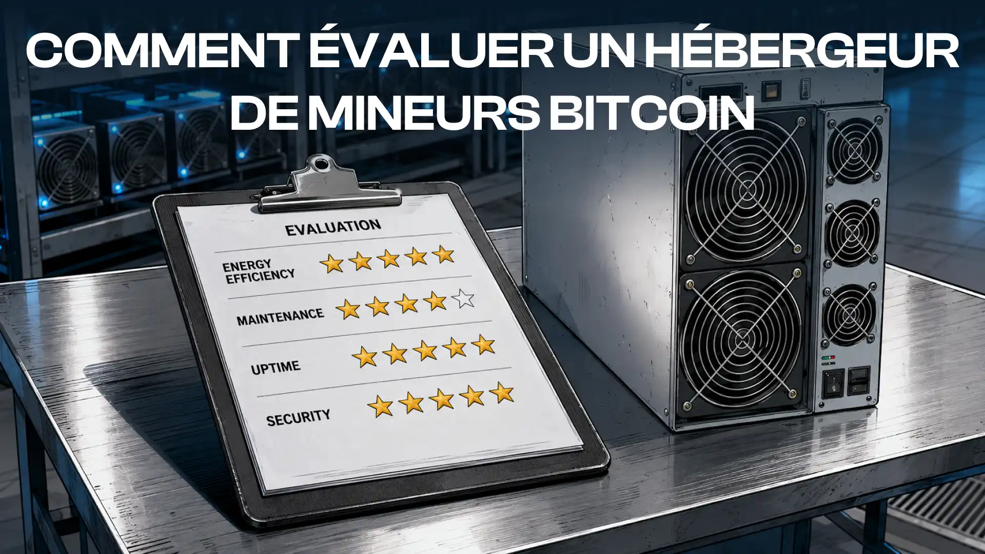 Illustration de l'ASIC Hosting Score montrant une grille d'évaluation d'un hébergeur de mineurs Bitcoin à côté d'un ASIC.