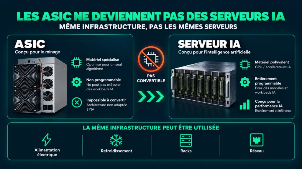 Schéma comparant un ASIC Bitcoin non convertible en serveur IA et un serveur GPU, avec une infrastructure électrique, de refroidissement, de racks et de réseau potentiellement réutilisable.