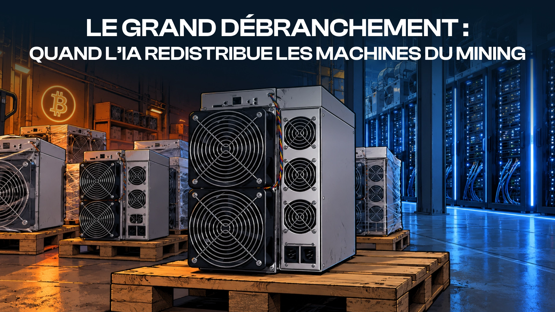 Des ASIC Bitcoin débranchés dans une ferme de mining convertie en data center IA
