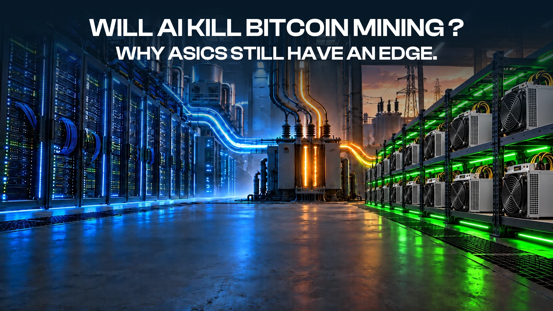 AI server racks and Bitcoin ASIC miners in a data center, illustrating the two computing workloads.