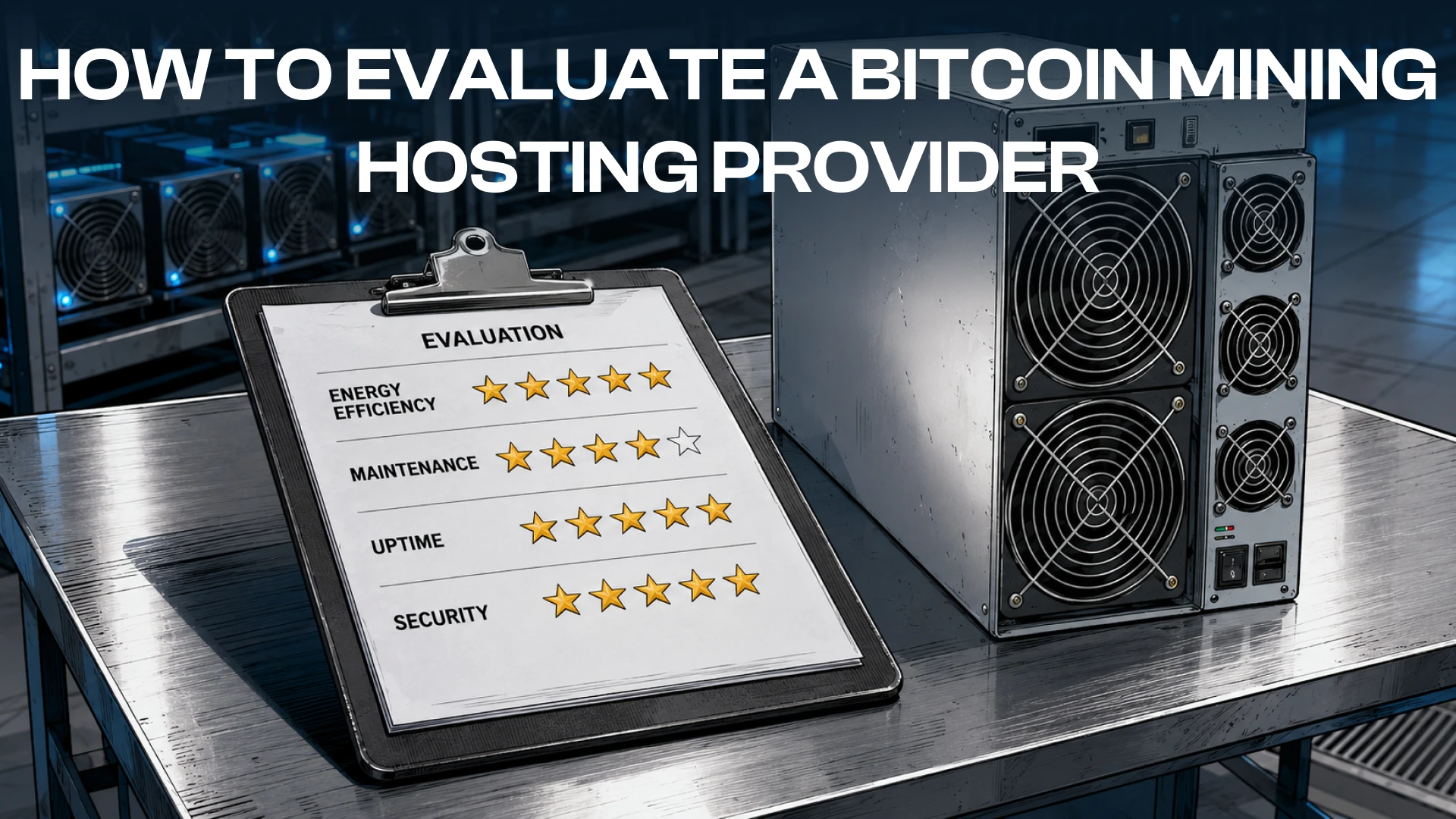 Checklist rating energy efficiency, maintenance, uptime and security beside a Bitcoin ASIC miner.