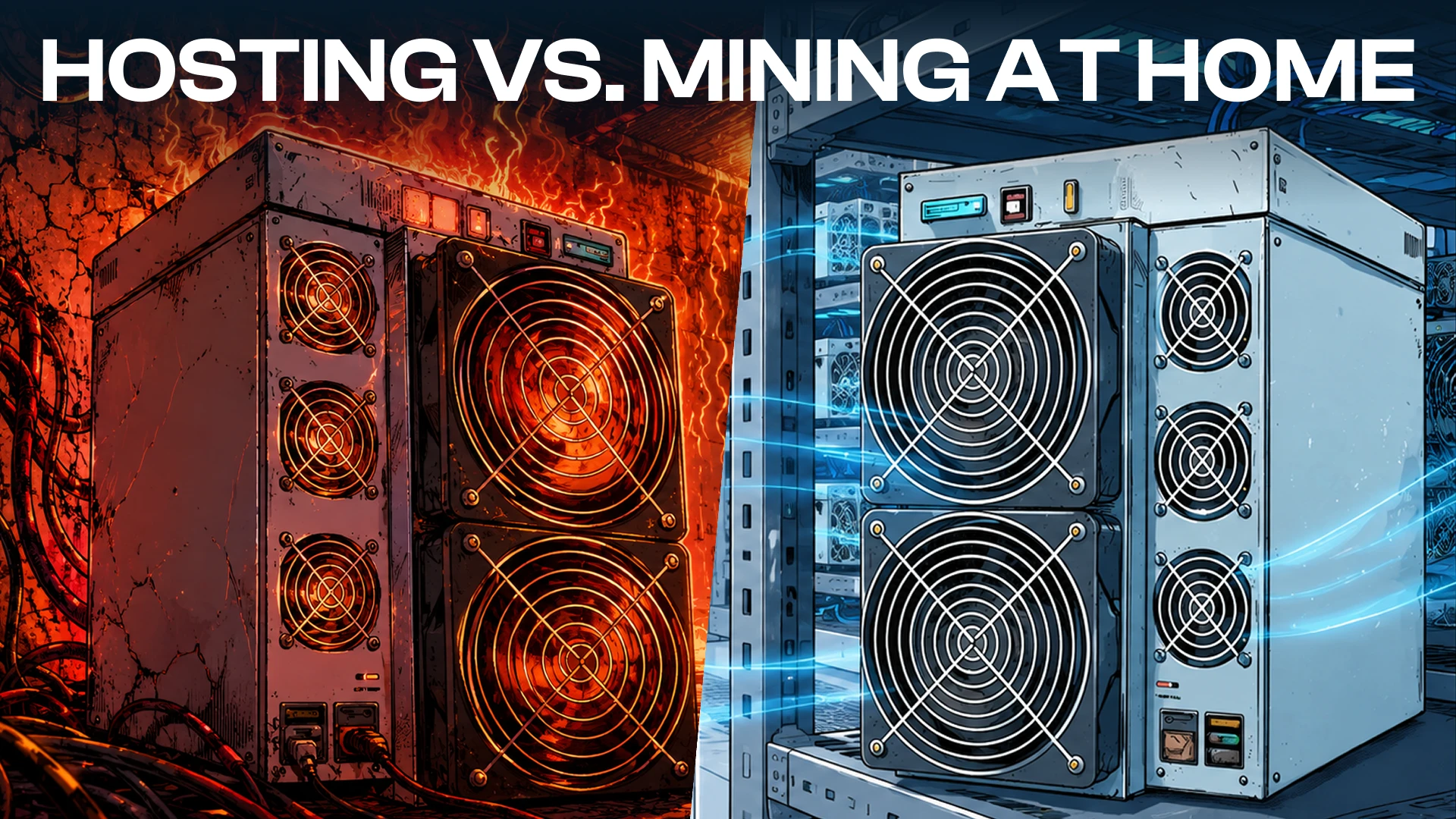 Bitcoin ASIC miners in contrasting hot and cool environments, illustrating home mining versus hosting.
