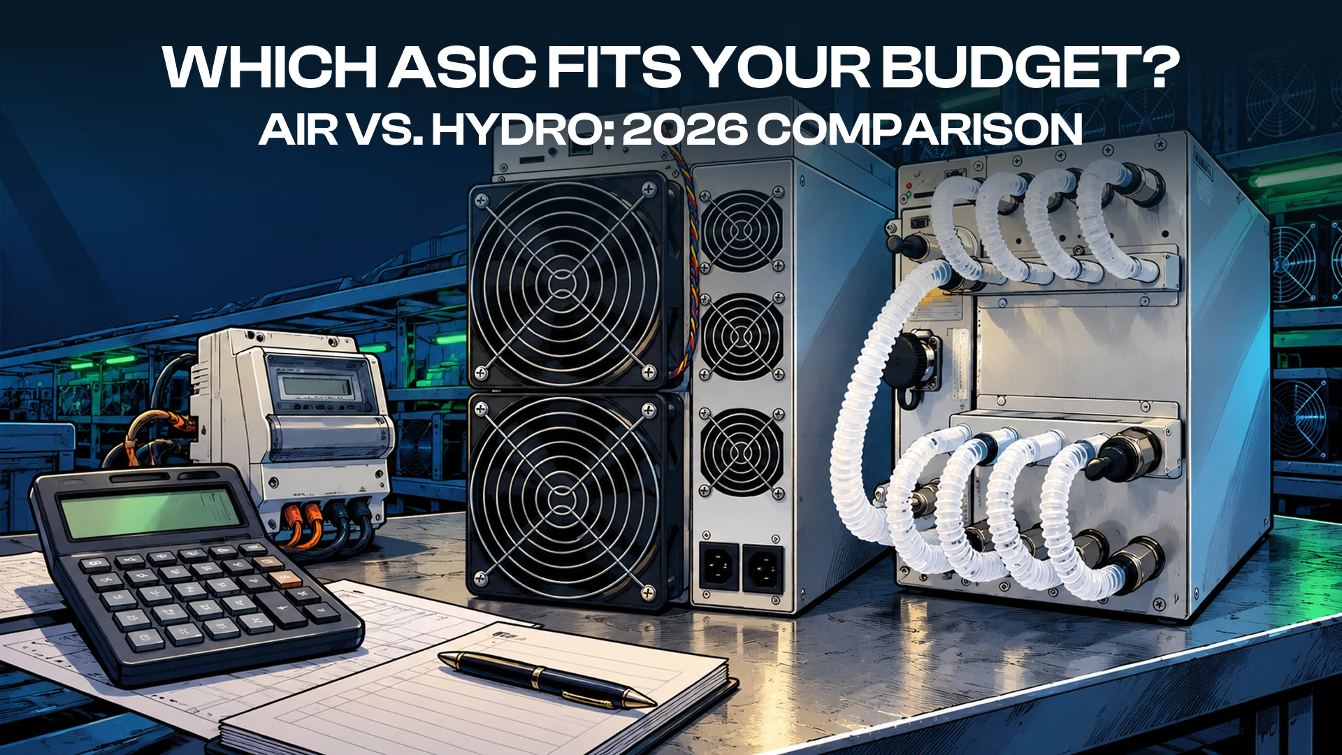 Air-cooled and hydro-cooled Bitcoin ASICs beside a calculator, illustrating budget and payback comparisons in 2026.