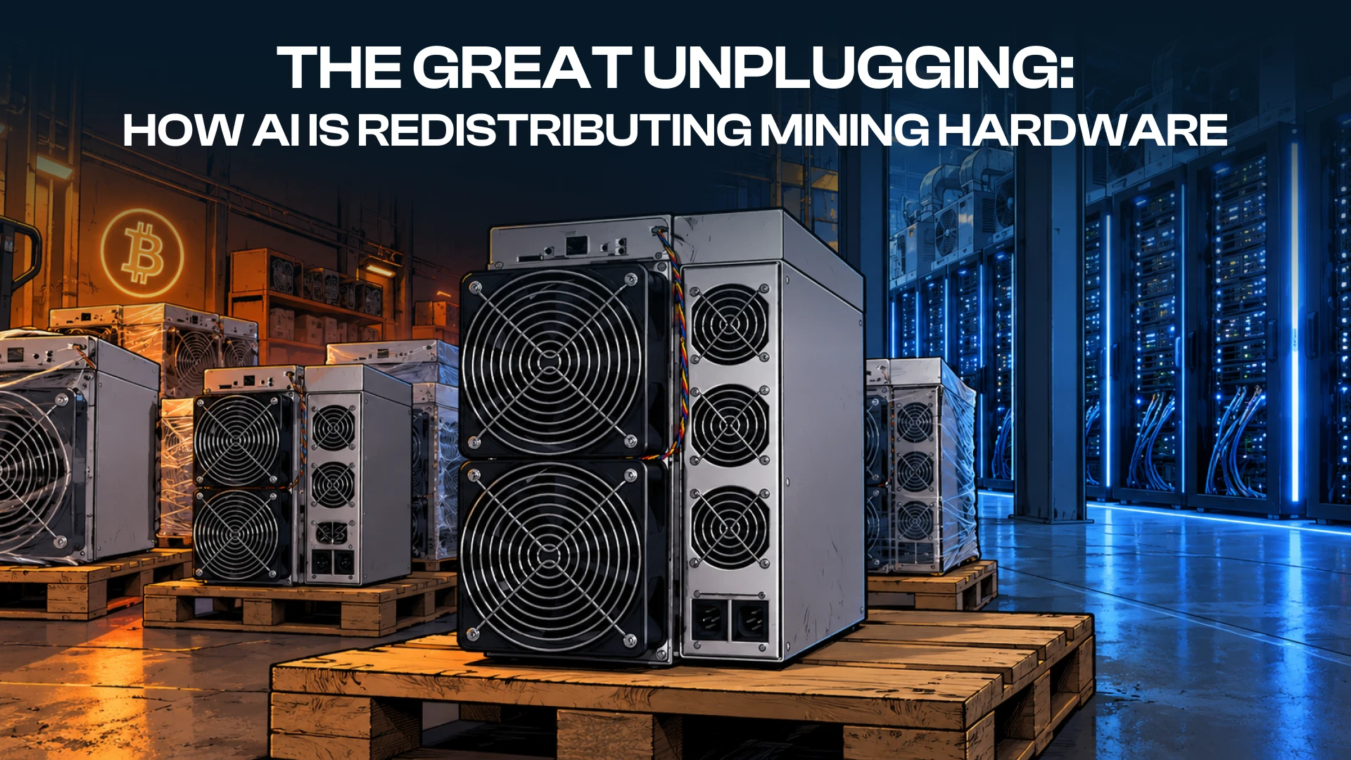 Bitcoin ASIC miners on pallets between a mining facility and an AI data center.