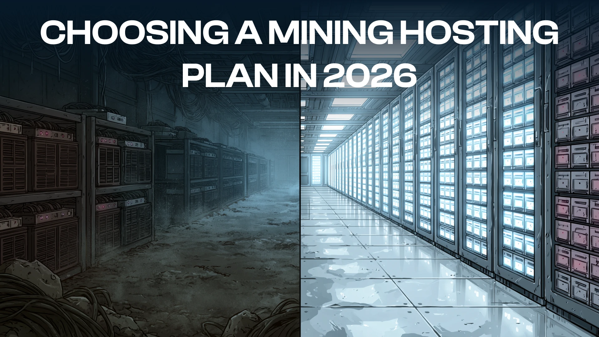 Two mining facility aisles illustrating the comparison of Bitcoin hosting plans in 2026.