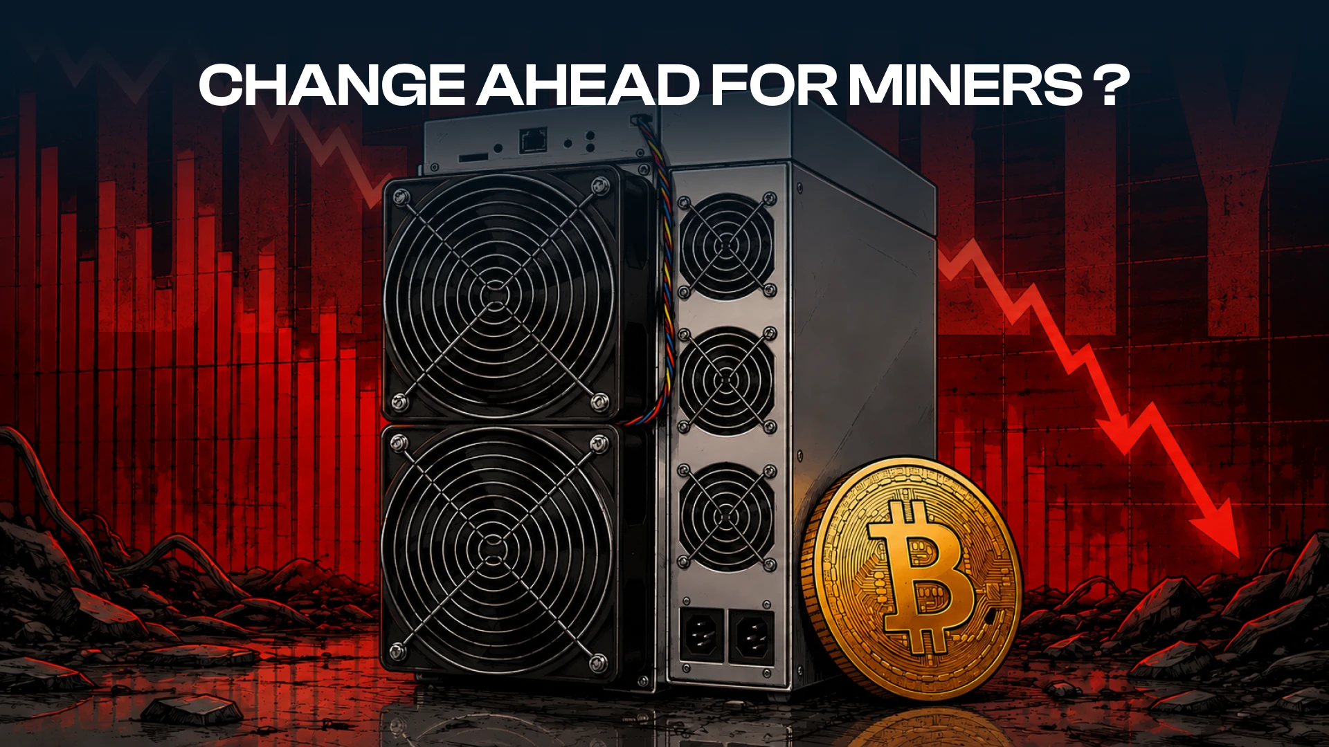 Bitcoin ASIC miner and Bitcoin coin against a falling red chart, illustrating declining mining difficulty.