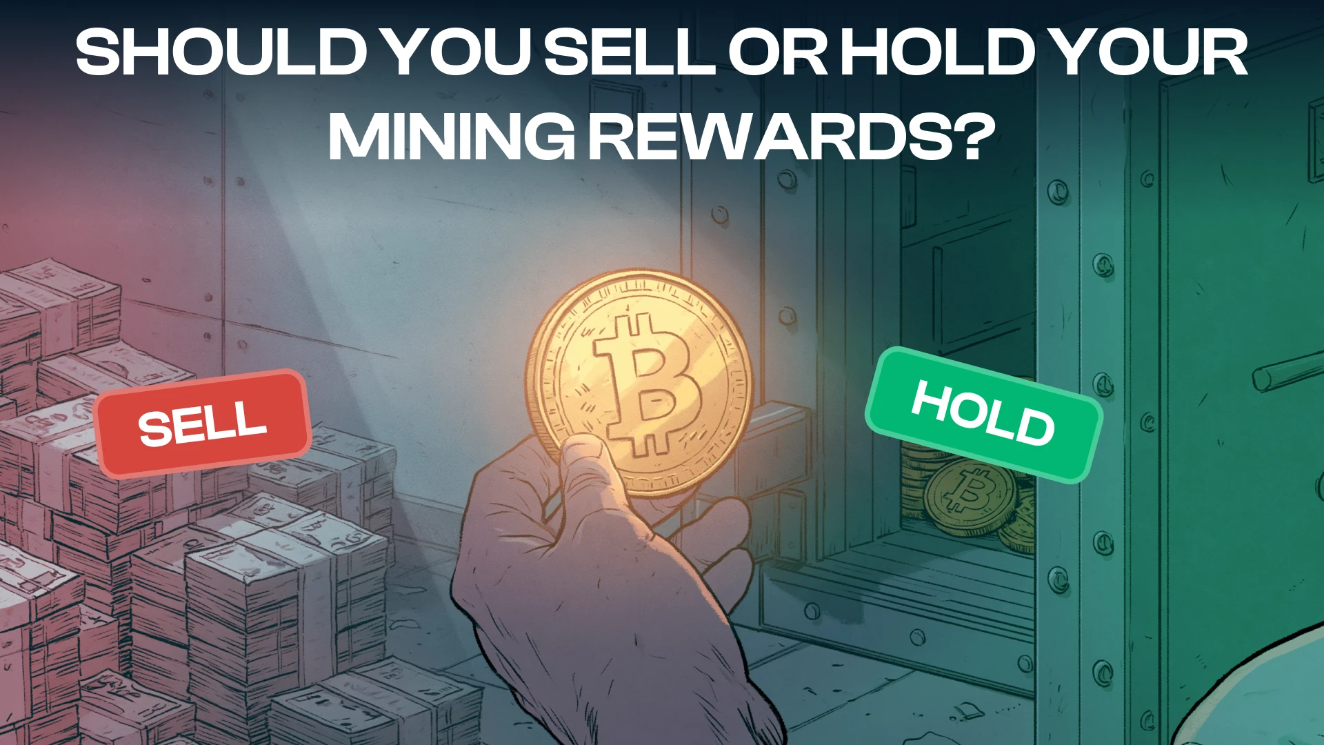Hand holding a Bitcoin coin between sell and hold options for Bitcoin mining rewards.