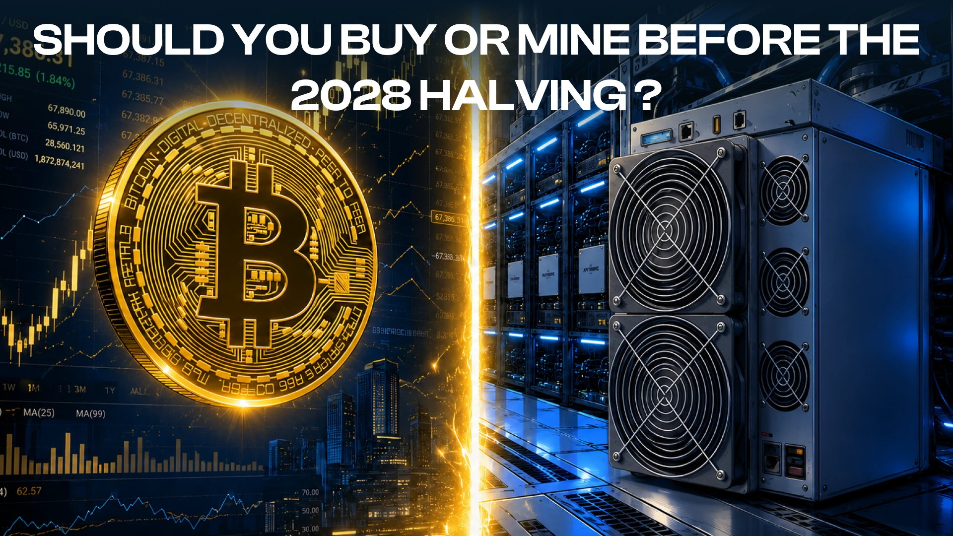 Bitcoin coin beside an ASIC miner, illustrating buying versus mining before the 2028 halving.