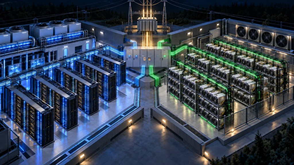 Infrastructure électrique alimentant un data center IA et une ferme de minage Bitcoin équipée d'ASIC, avec deux circuits distincts.