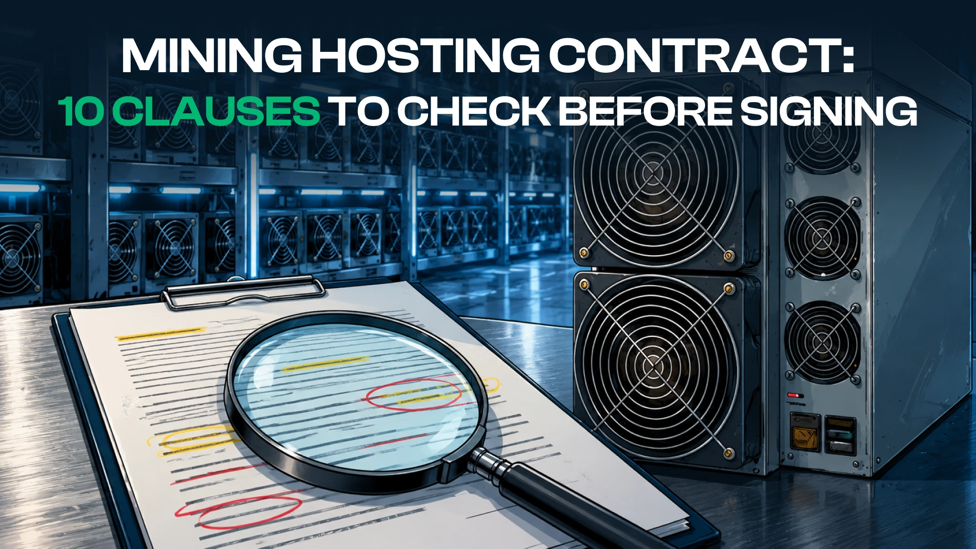 Mining hosting contract under a magnifying glass beside a Bitcoin ASIC miner.