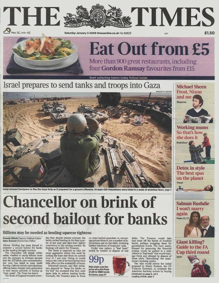 The front page of the Financial Times, January 3, 2009.